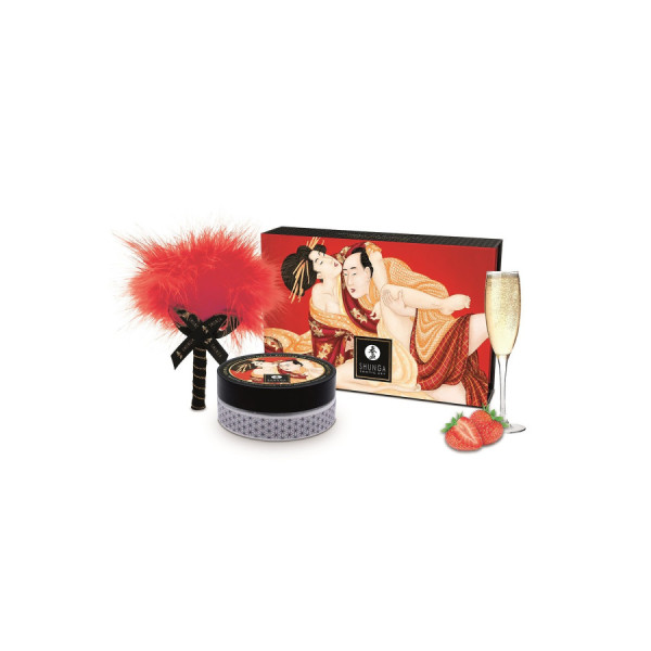 Mini Coffret poudre corporelle fraise/vin pétillant et plumeau assorti 